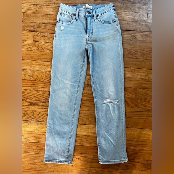 Madewell Mid Rise Classic Straight Jeans Wellingford Wash Knee Rip sz 23 - Picture 5 of 10